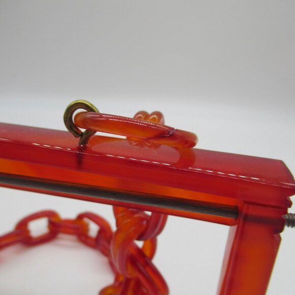 Vintage Chunky Lucite Purse Frame Linked Chain Handle Vermilion - Picture 10 of 16